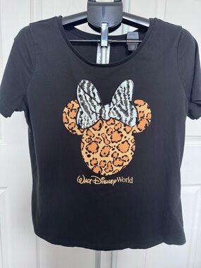Disney Black Tee with Leopard Minnie Head and Silver zebra Sequin Bow. 2026